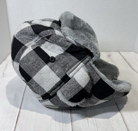 SA Company Trapper Hat Bomber Fleece Lined Buffalo Plaid Black Grey One Size - Picture 3 of 8